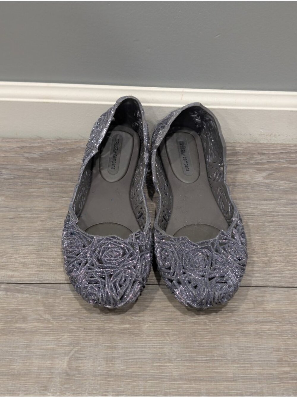 Melissa Campana Women's Size 10 Jelly Ballet Flats Silver Gray Floral Glitter